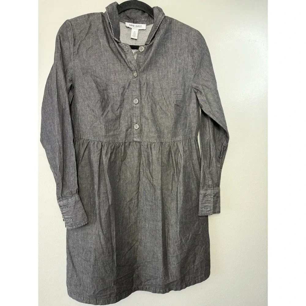 NWT Nine West Black Denim Long Sleeved Collared Dress Size XS‎  Western Cowgirl
